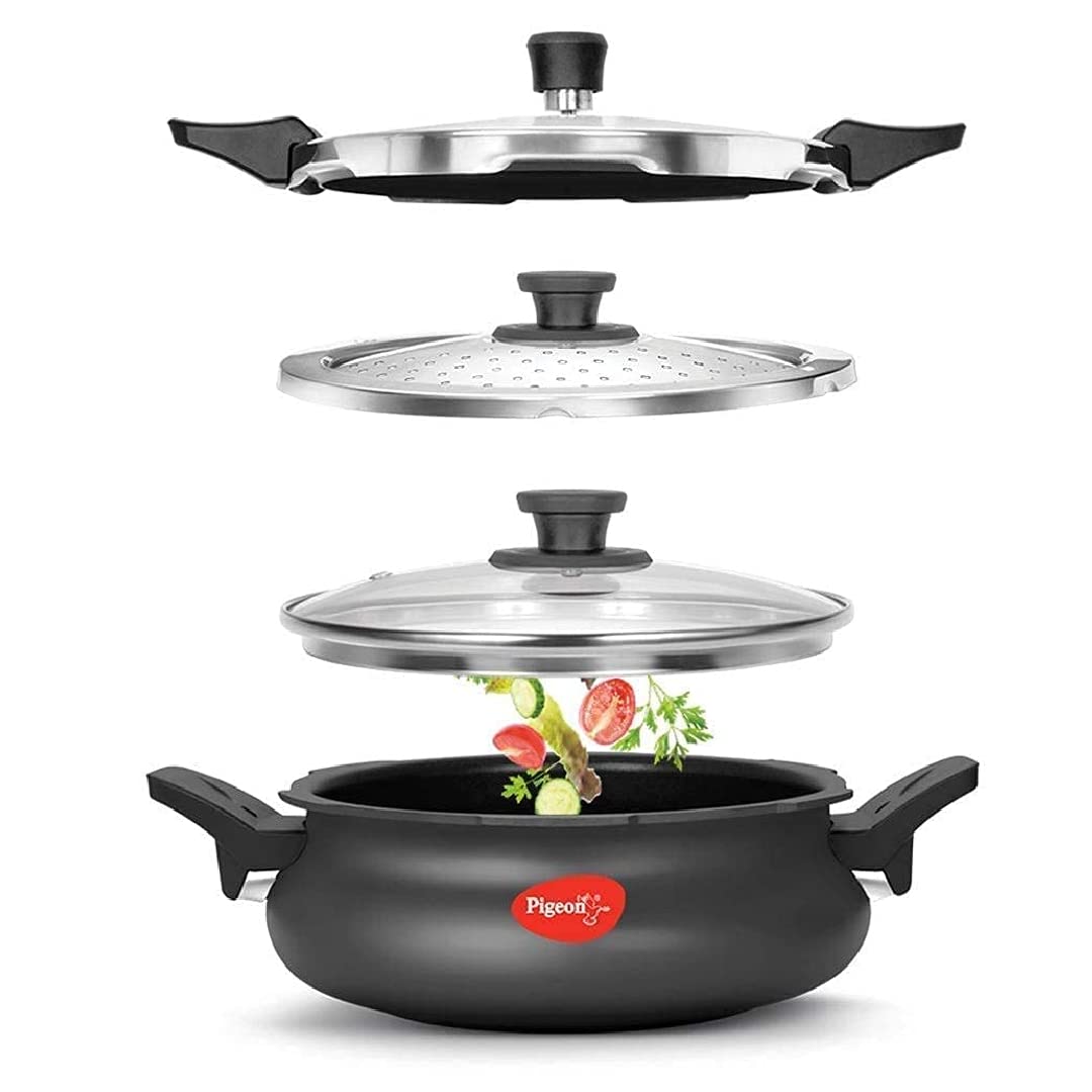 Pigeon by Stovekraft All in One Ceramic Super Outer Lid Cooker, 5 Liters, Black/Transparent - Aluminium & Stainless Steel