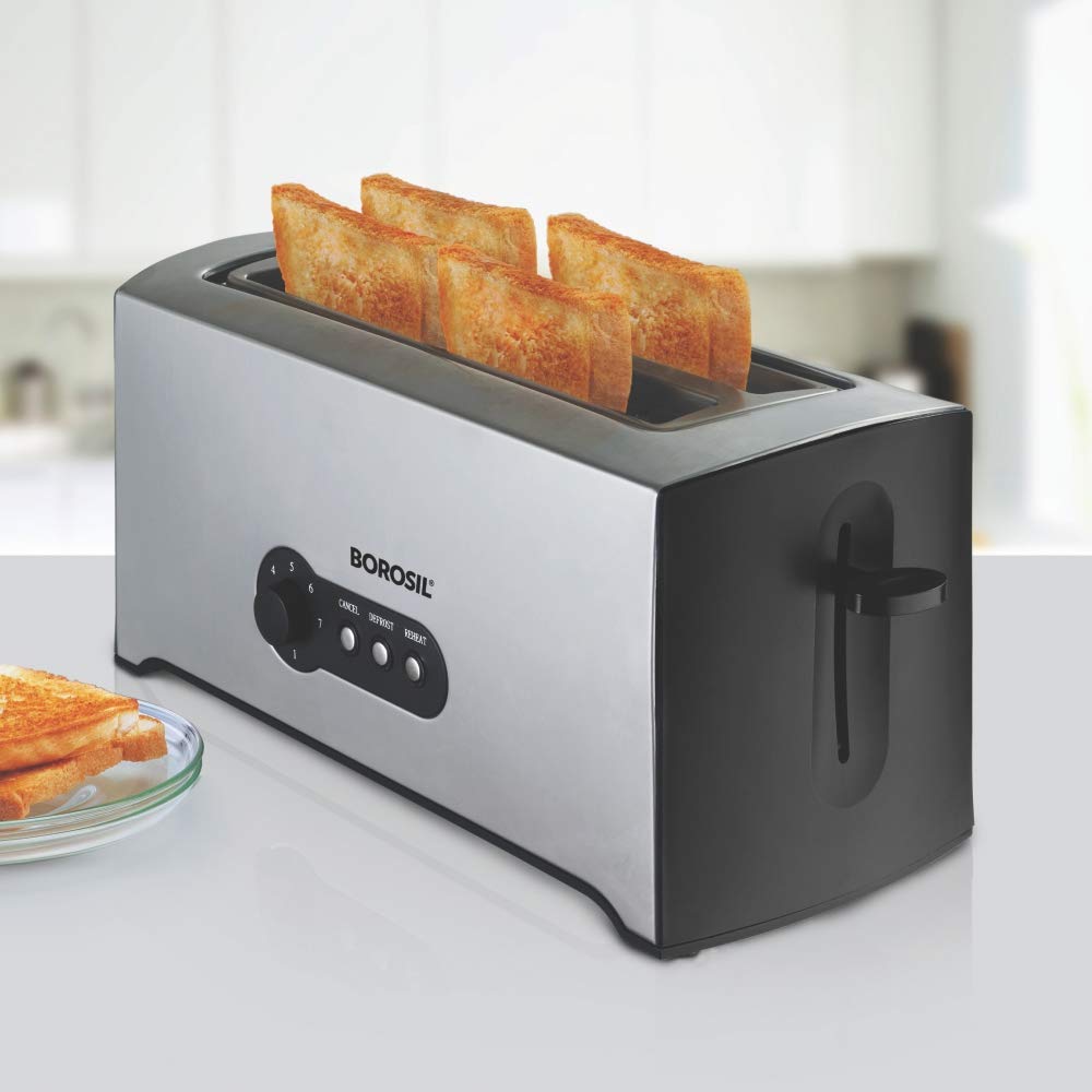 Borosil 1500W Pop-up Toaster | 4 Slice Automatic Pop up | Toasting, Reheating & Defrosting Options | Removable Bread Crumb Tray | 7 Temprature Settings | Cord Winder | 2 Years Warranty