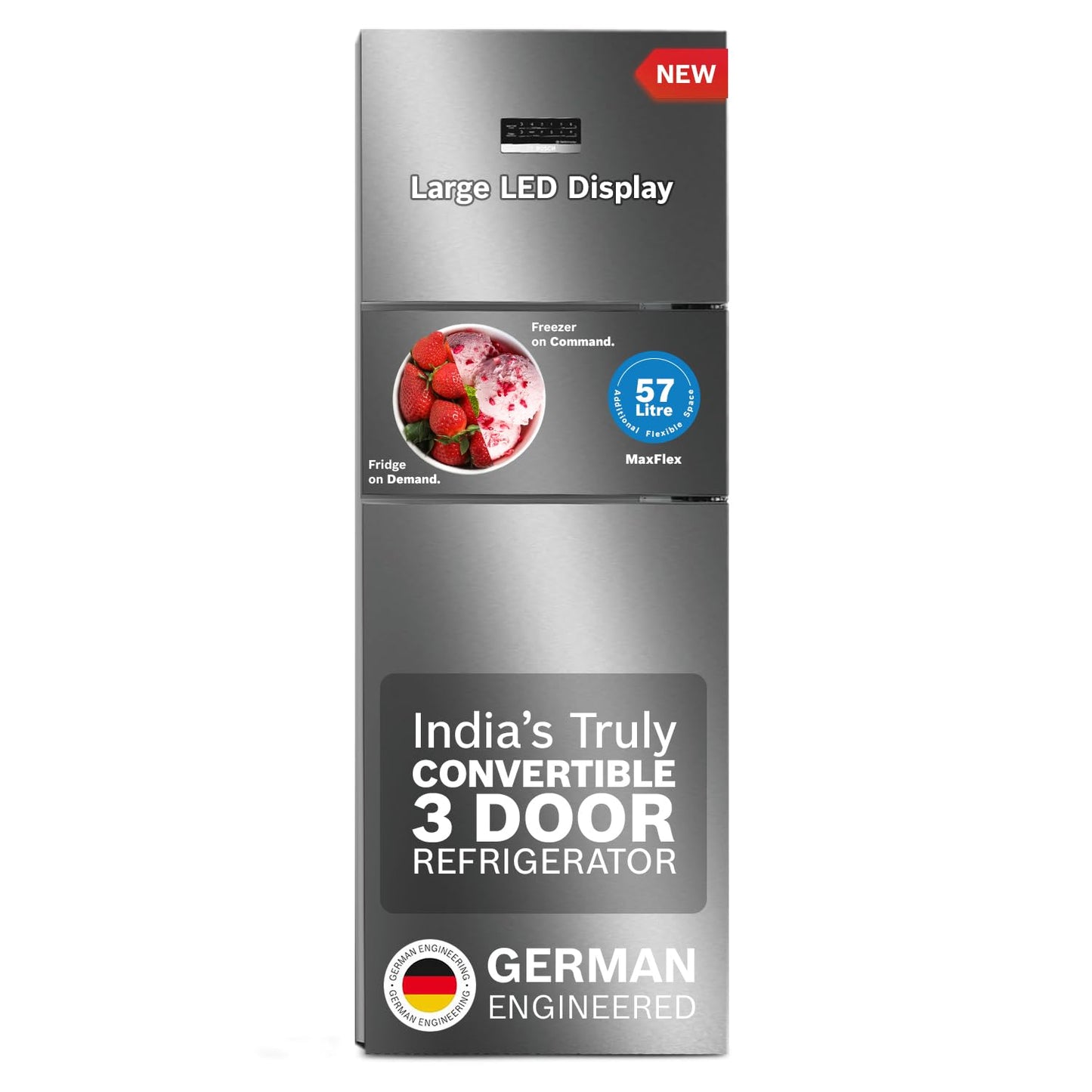 Bosch MaxFlex Convert 303L 3 Star Inverter Frost Free Triple Door Refrigerator (2023 model, CMC33S03NI, 8-in-1 Convertible, UV Protected Body Shield, VitaFresh Technology, Adaptive UI, Sparkly Steel)