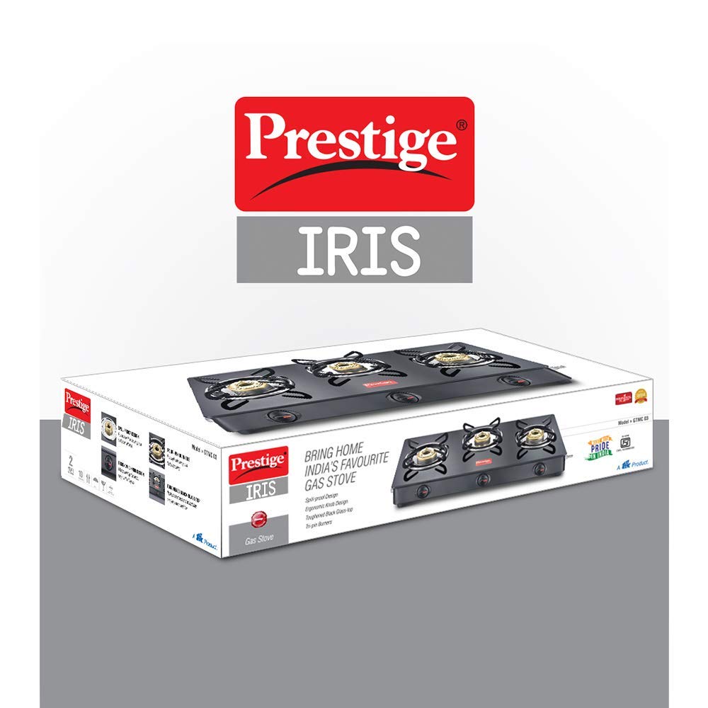 Prestige IRIS Toughened Glass-Top 3 Brass Burner LPG Gas Stove | Black Spill Proof Design | Ergonomic Knob | Tri-Pin Burners |Open