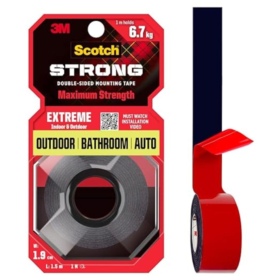 Scotch 3M Extreme Double Sided Tape, 1M Holds 6.7Kg, Works On Uneven Surfaces, Weather Resistant, Works On Indoor, Outdoor, Auto Interior Surfaces, 1.9 cm, 1.9 cm