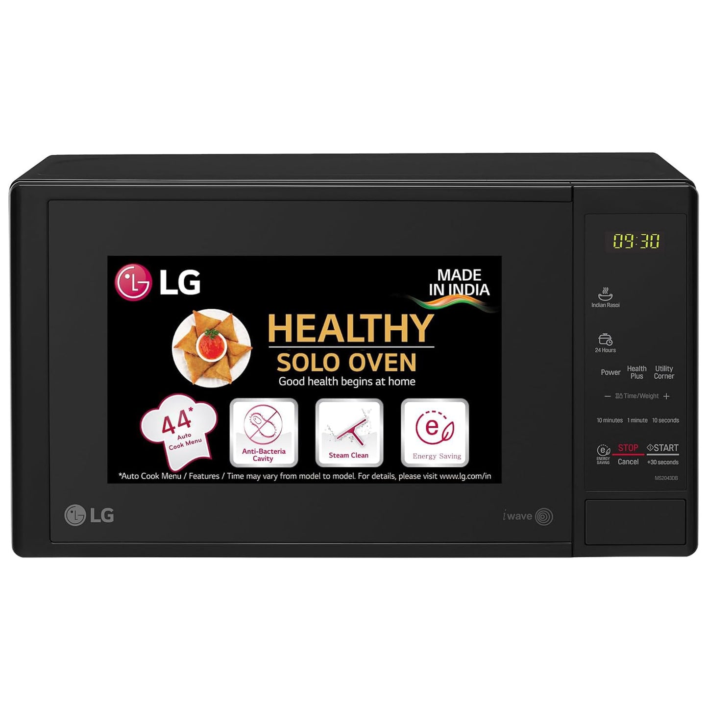 LG 20 L Solo Microwave Oven (MS2043BP, Black, Health plus Menu, I-Wave Technology, Indian Cuisine, Even Reheat & Defrost, Auto Cook Menu, Anti-Bacterial Cavity & Steam Clean)