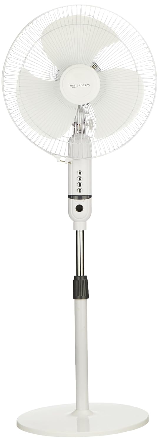 amazon basics High-Speed Oscillating Pedestal Fan I 3 Adjustable Fan Speeds | Rust Resistant Body, Adjustable Length | RPM 2200 | 400mm Sweep Length (White)