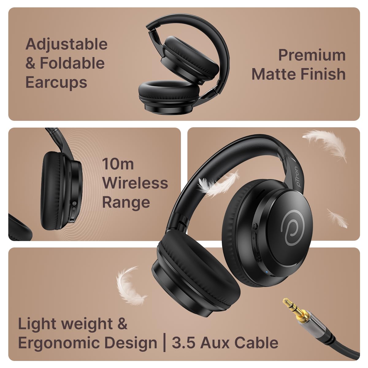 pTron Studio Evo 70hrs Playtime Wireless Over Ear Headphones with HD Mic, Low-Latency Game/Movie/Music Modes, Punchy Bass, BT5.3, Dual Device Pairing, Voice Assistant & Type-C Fast Charging (Black)