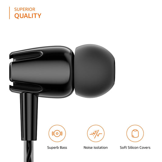 amazon basics in-Ear Wired Earphones with in-Line Mic, 10 mm Dual Drivers, Powerful Bass, Noise Isolation, 3.5 mm Audio Jack (Black, WE03)