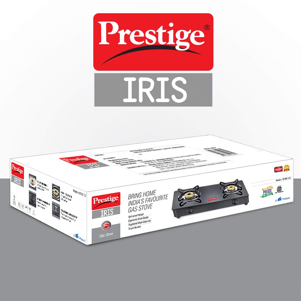 Prestige IRIS Toughened Glass-Top 2 Brass Burner LPG Gas Stove | Black | Spill Proof | Ergonomic Knobs | Tri-Pin Brass Burners |Open