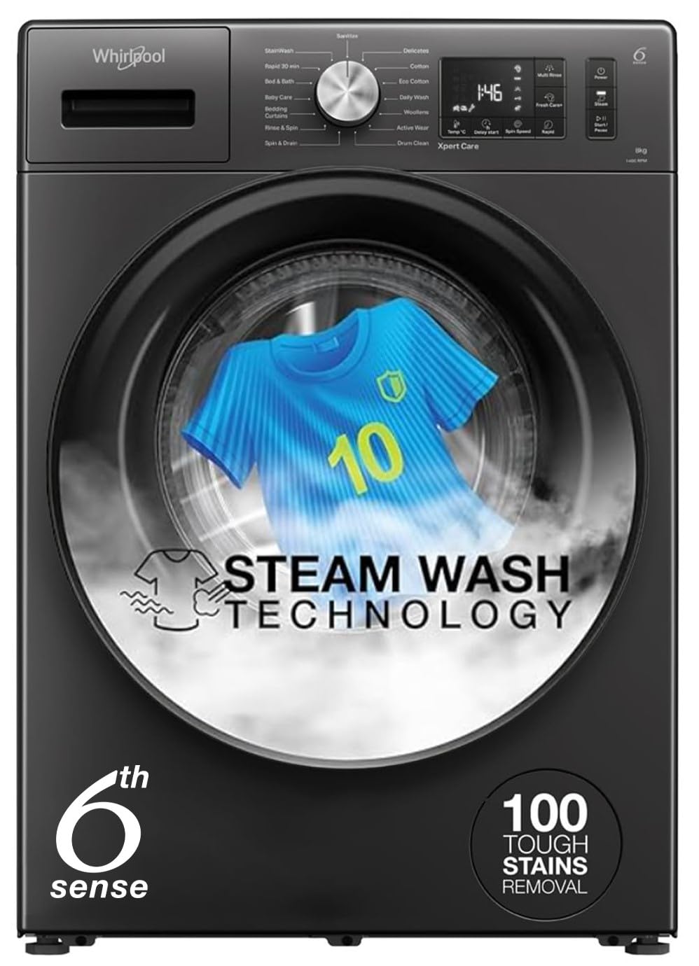 Whirlpool 7 Kg 5 Star Inverter Front Load Washing Machine with In-Built Heater (SUPREME CARE 7012 -E, Midnight Grey, 100+ Tough Stains, Steam Technology, 2025 Model)
