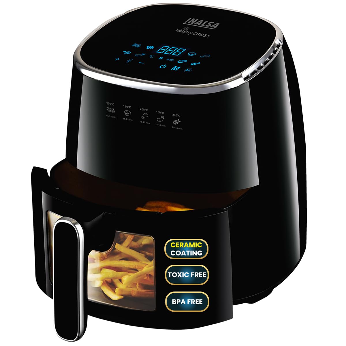 INALSA Air Fryer for Home|5.5 liter Capacity|Visible Window & Internal Light|1600 W with Smart AirCrisp Technology|6-In-1 Appliance With 8 Preset Menu & Digital Display (Tasty fry DW5.5) Black