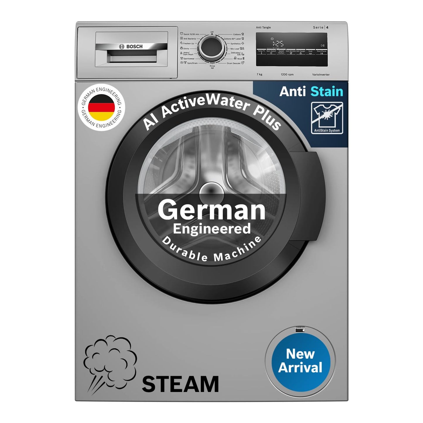 Bosch 7 kg, 5 Star, AI active water+, Anti Stain, Steam Antibacteria, Allergy Plus, Fully-Automatic Front Loading Washing Machine (WAJ24209IN, Black, In-Built Heater, Anti Wrinkle, Anti Tangle)