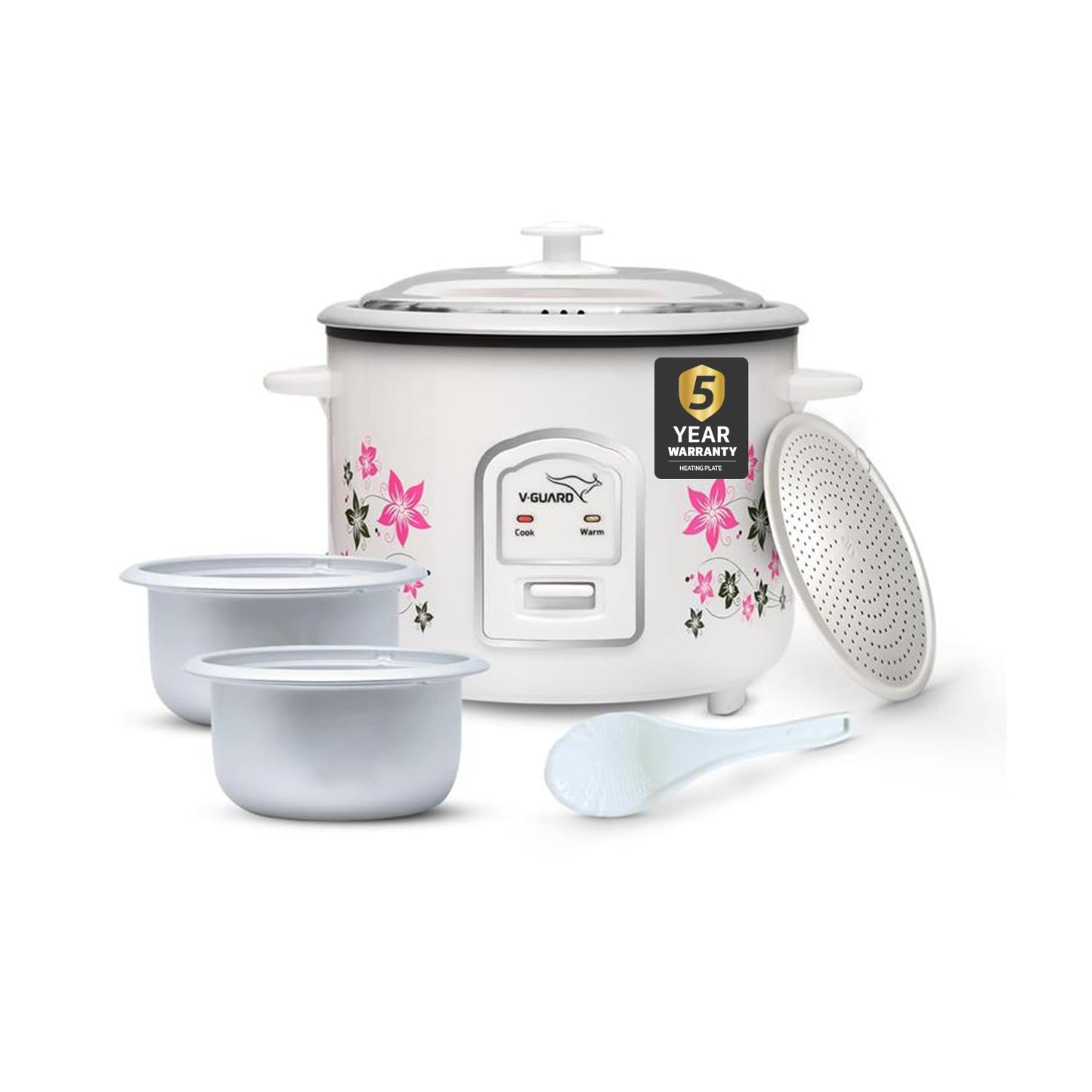 V-Guard VRC 1.8-Litre Electric Rice Cooker with 700 W Power, 2 Pots, Spatula, Rice Separator 5-Yr Heating Plate & 2-Yr Product Coverage Automatic Cooking with Double-Layered Body & Cool Touch Handles.