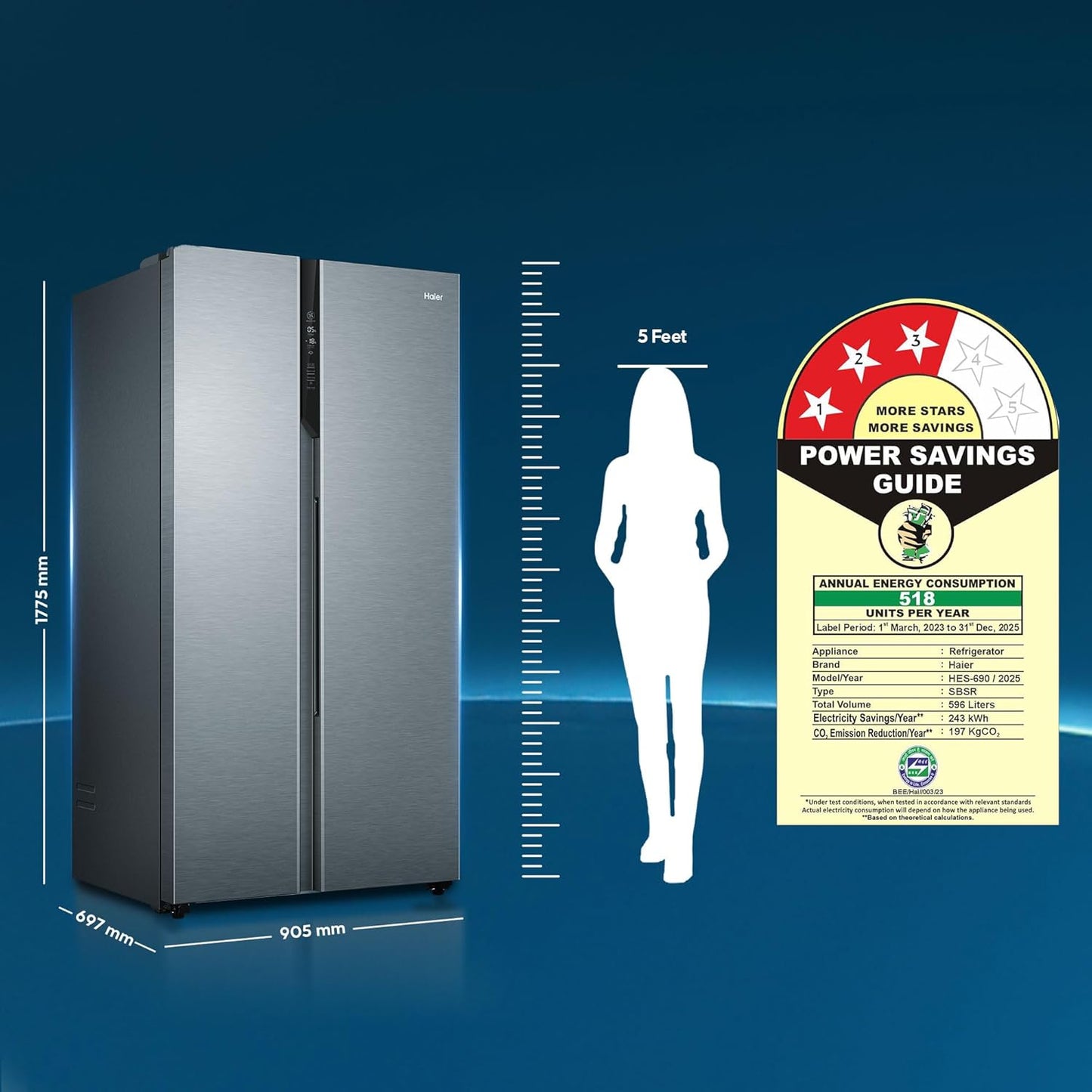 Haier 596L 3Star 2 Door Side by Side Frost Free Refrigerator|100% Convertible|Expert Inverter|Digital Display Panel|Twist Ice Tray|Deo Fresh Technology (HES-690SS, Shiny Silver)