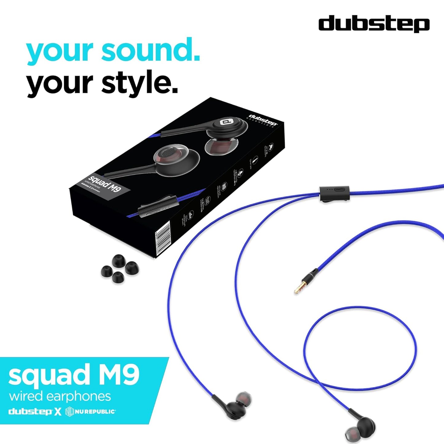 Dubstep Squad M9| X-Bass Technology| 10mm Dynamic Drivers| Mobile/Laptop Compatible|3.5 mm Audio Jack| in-Ear Wired Headphones with Mic- Black & Blue