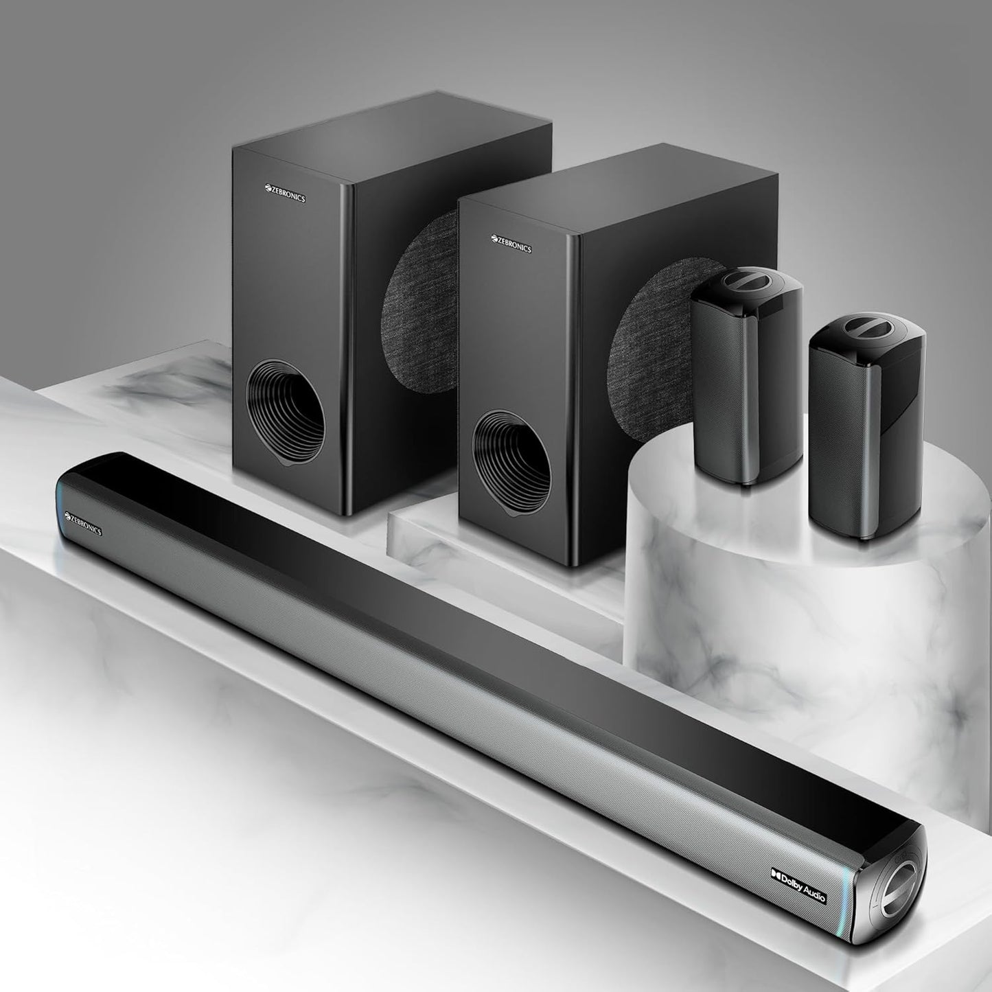 ZEBRONICS Juke bar 9550 pro 5.2 Soundbar (625 Watts), Dolby Audio, Dual Wireless Subwoofer & Wired Satellite, BT v5.3, HDMI ARC, Optical, Powerful Bass, RGB LED Lights, Wall Mountable, Silver