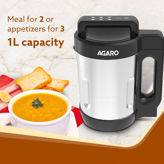 AGARO Elite Soup Maker, 1 Litre, Automatic Blending & Heating,6 Preset Cooking Functions, Copper Motor, Stainless Steel Blades, Grey
