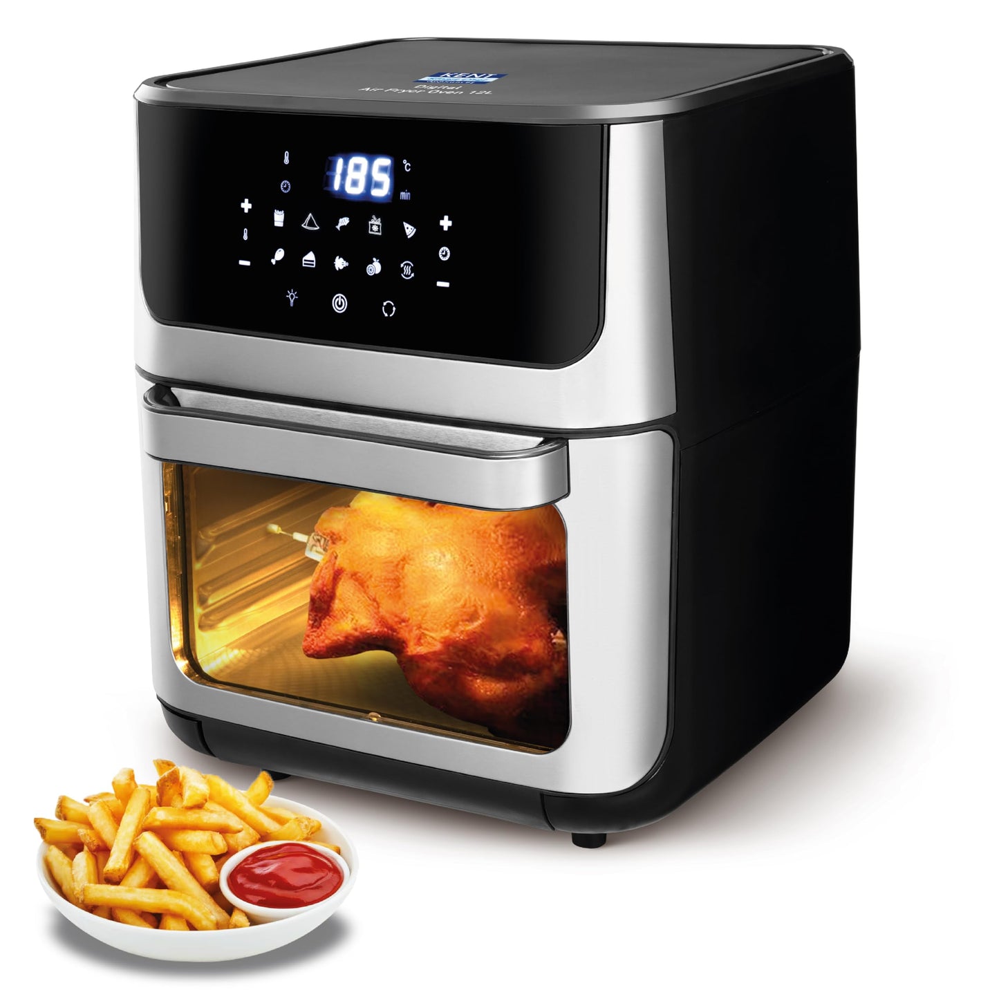 KENT Digital Air Fryer 8L | 1700W | Bake, Grill & Roast | Up to 80% Less Oil Usage | 7 Preset Menu | Digital Display & Touch Control Panel | Glass Window with in built Light | Auto Cut-Off Silver