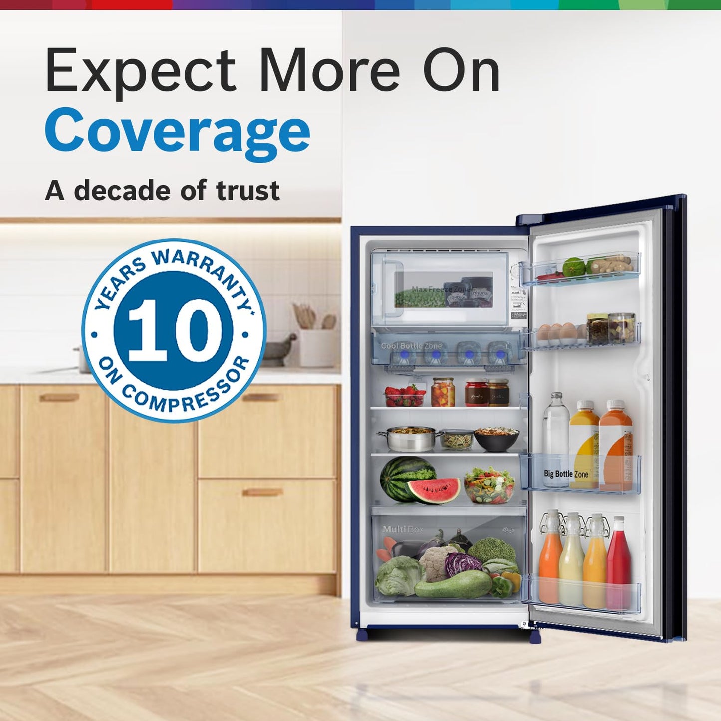 Bosch 187 L, 3 Star, Direct Cool Single Door Refrigerator (CST18B23NI, 2.5X Faster Cooling, 18 Hour Cooling Retention, Cool Bottle Zone, Feather Wine)