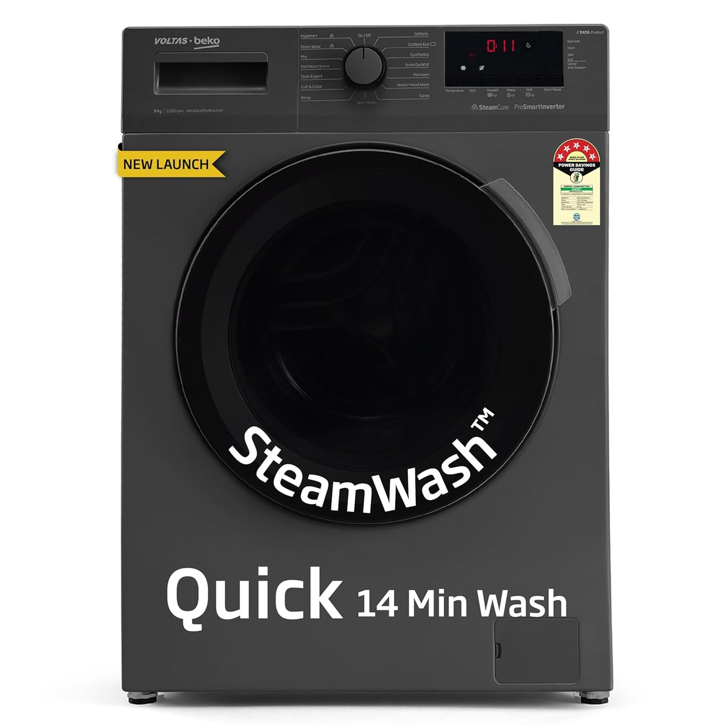 Voltas Beko, A Tata Product 8 Kg 5 Star Inverter Quick wash Fully-Automatic Front Loading Washing Machine (WFL8012B7JVBKA/AXV, Anthracite, In buit Heater/Hygiene steam)