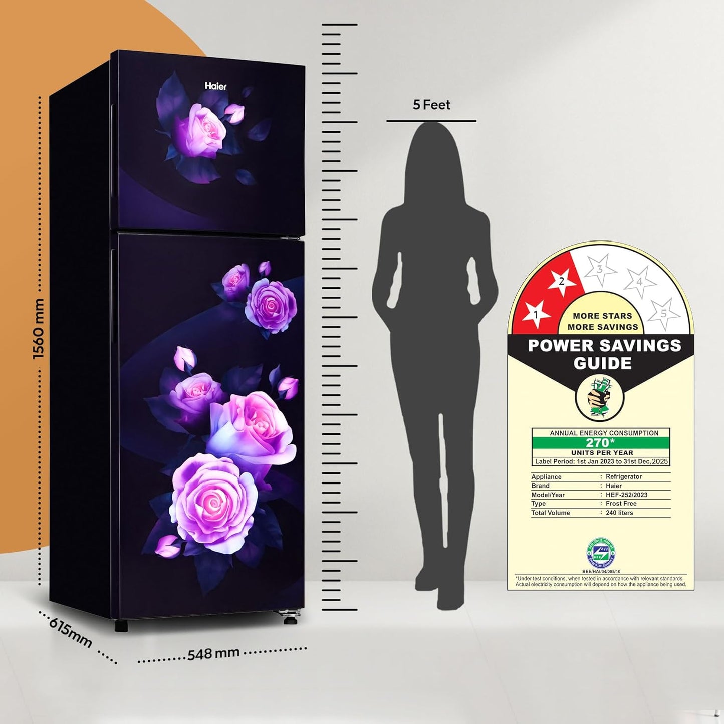 Haier 240L 2 Star Frost Free Top Mount Double Door Refrigerator|Cool Pad|200% Faster Ice Making in 49 Minutes (HEF-252EMR-P, Marine Rose)