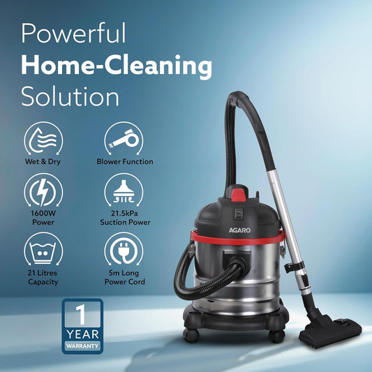 AGARO Ace Wet & Dry Vacuum Cleaner for Home, 1600 Watts, 21.5 kPa Suction Power, 21 litres Tank Capacity, for Home Use, Blower Function, Washable 3L Dust Bag, Stainless Steel Body (Black, Red, Steel)