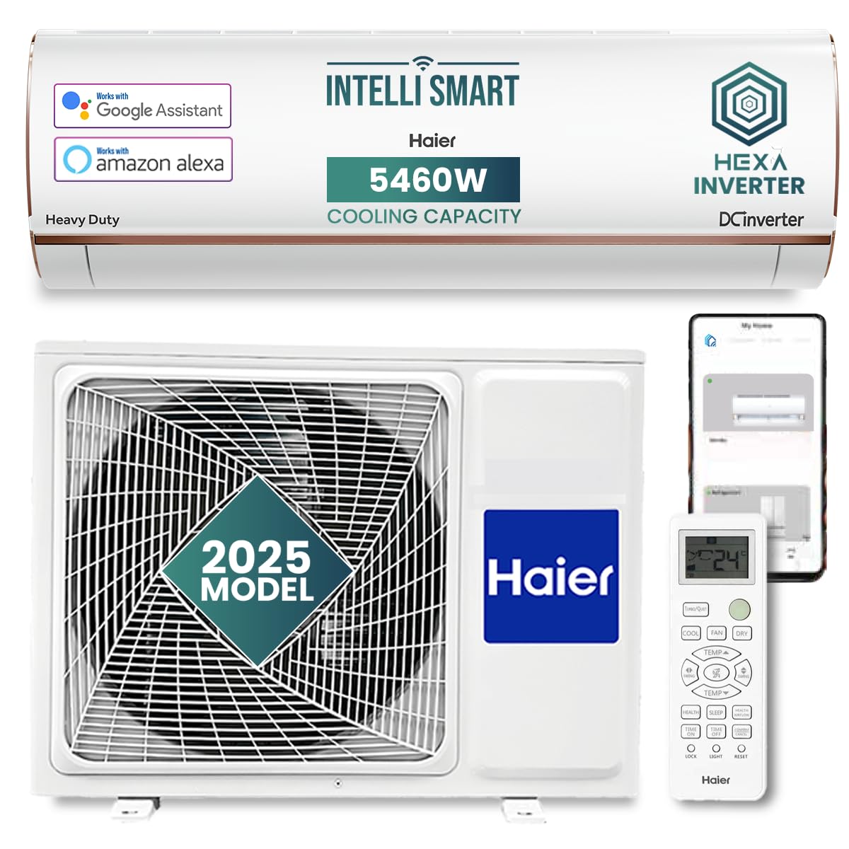 Haier 1.6 Ton 5 Star HEXA Inverter Smart Split AC (5460W, Copper, Heavy Duty, Wi-Fi, 4 Way Swing, Frost Self Clean, HD Filter, Cools at 60°C, 20 Mtrs Air Throw- HSU19K-PYFR5BN-INV- White)