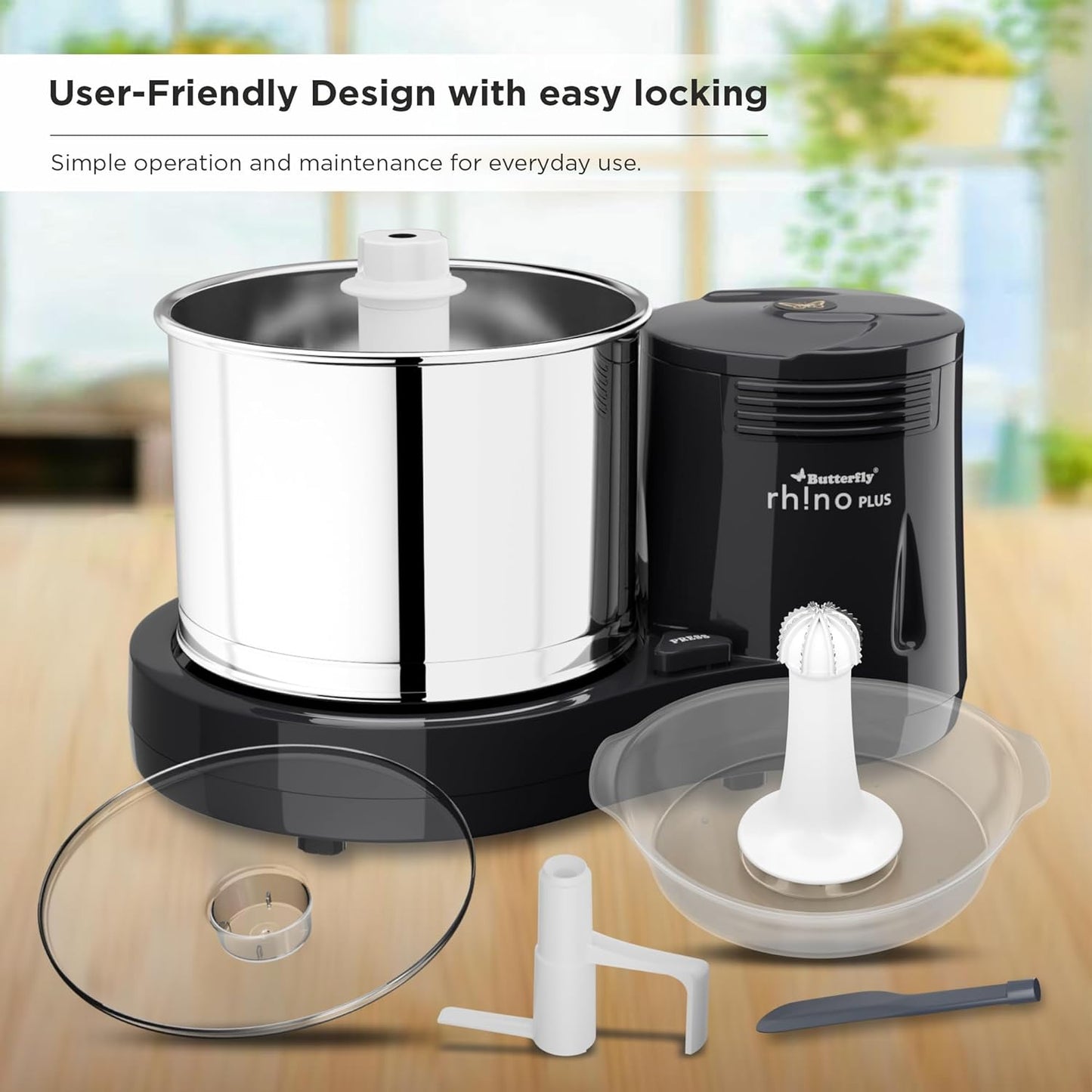 Butterfly Rhino Plus 2 Litres Table-Top Wet Grinder | 150 Watts | Shockproof ABS Body | Coconut Scrapper Attachment | Dough Kneader | Stainless Steel Drum | 2 Years Manufacturer's Warranty | Grey
