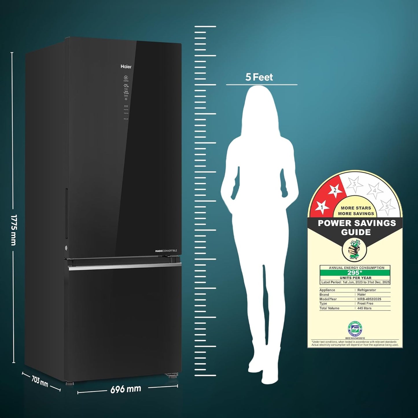 Haier 445 L 2 Star Frost Free Bottom Mount Double Door Refrigerator|Convertible 14-in-1|Jhukna Mat-Bottom Freezer|Digital Display Panel|Triple Inverter|Twist Ice Maker (HRB-4952CKG-P, Black Glass)