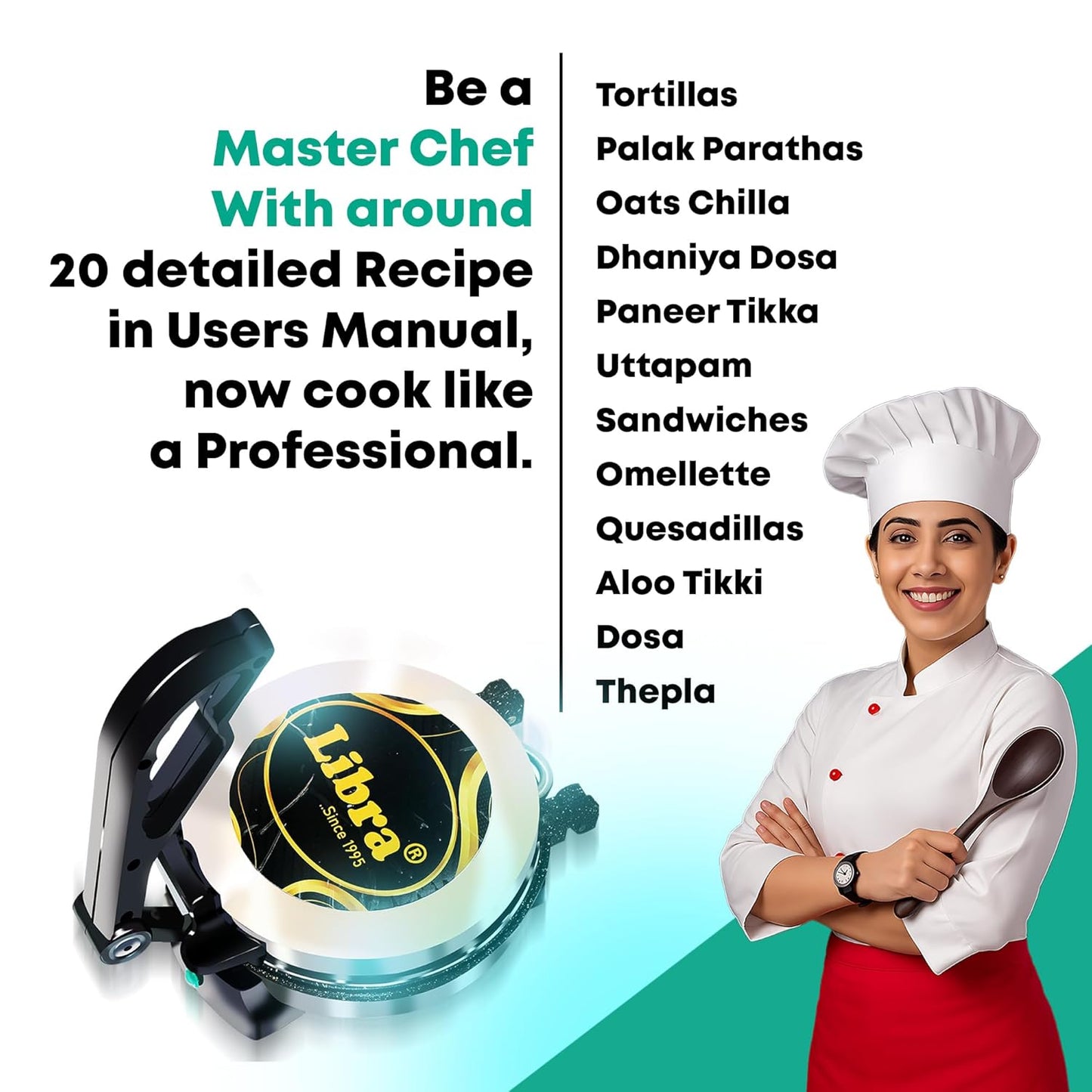 Libra Roti Maker Machine - Electric Roti Maker with Non-Stick 8.5inch Plates and Durable Handle, Auto Temperature Control Chapati Maker Machine with Indicator Lights, 950 Watts, Silver