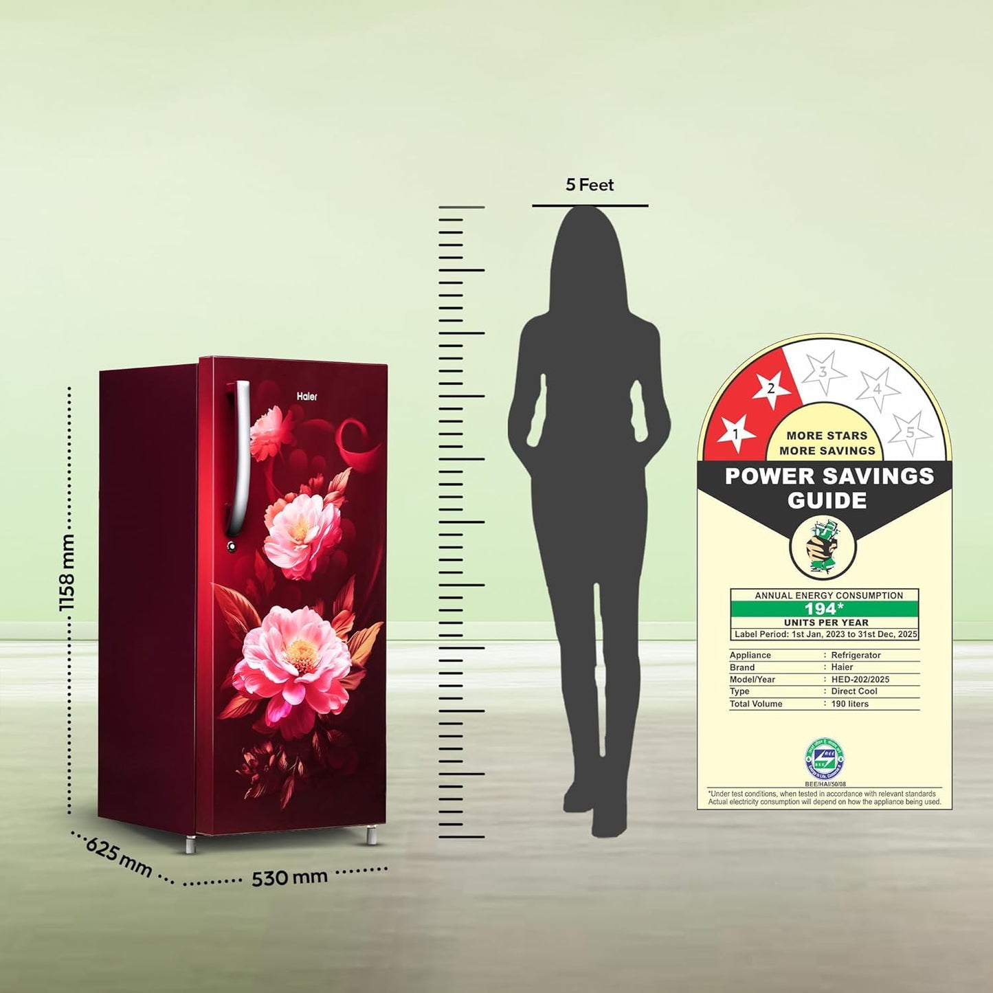 Haier 190L 2-Star Direct Cool Single Door Refrigerator (HED-202RV-P, Red Voila)