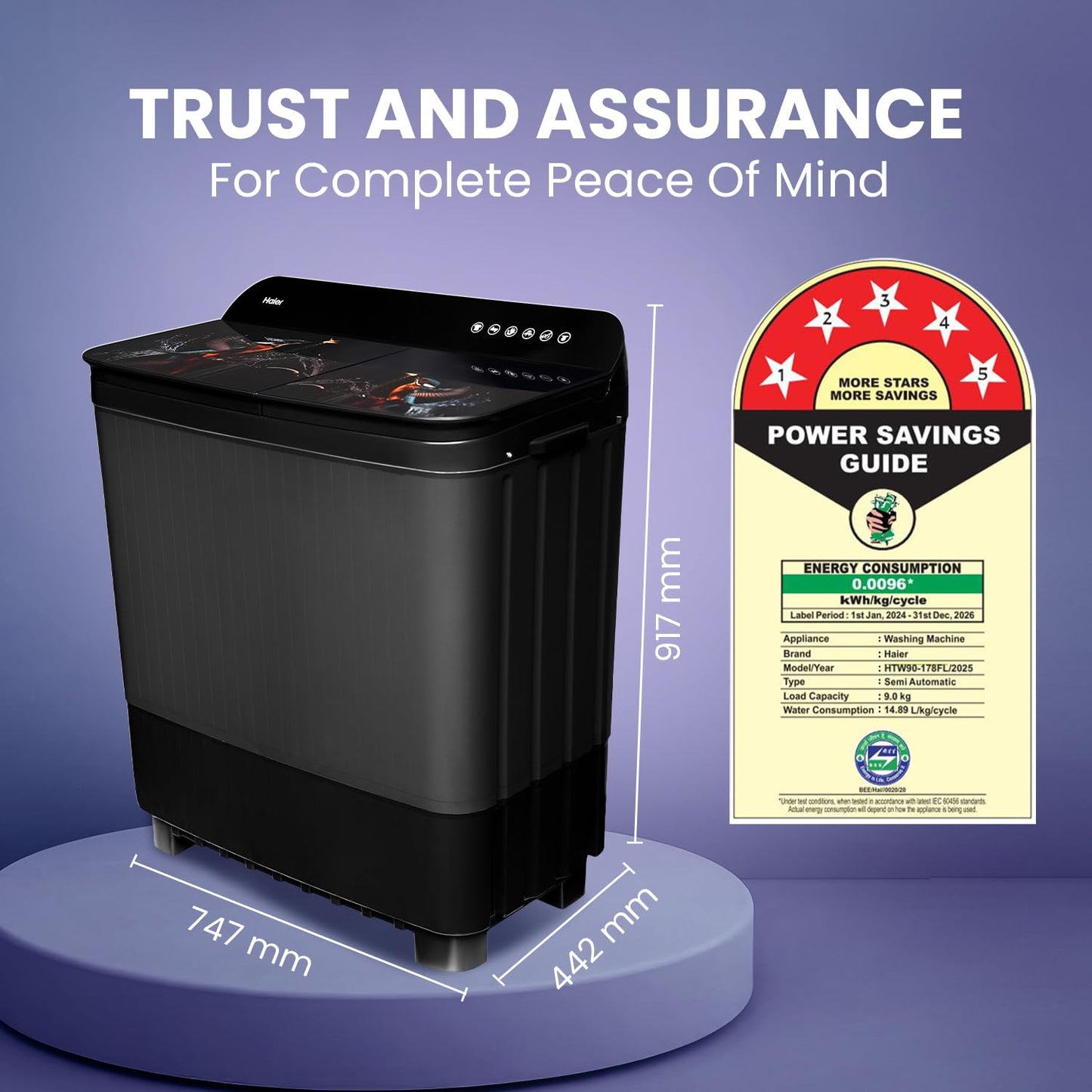 Haier 9 kg 5 Star Toughened Glass & Vortex pulsator Semi Automatic Top Load (HTW90-178FL,Black)