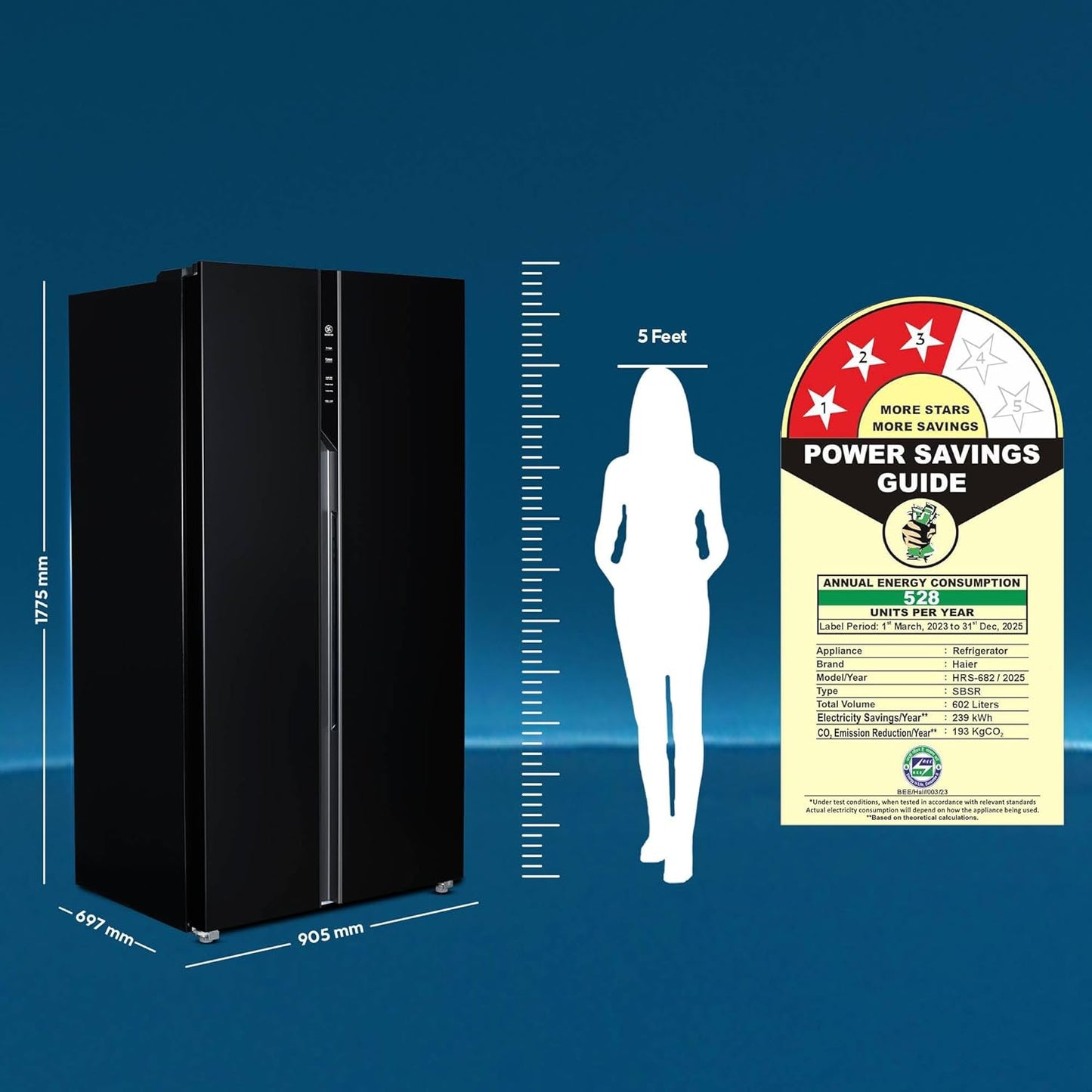 Haier 602L 3Star 2 Door Side by Side Frost Free Refrigerator|100% Convertible|Expert Inverter|Digital Display Panel|Jumbo Ice Maker|Deo Fresh Technology (HRS-682KS, Black Steel)