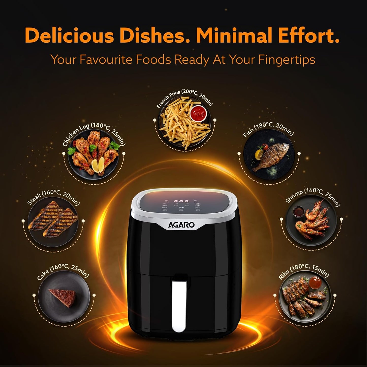 AGARO Galaxy Digital Air Fryer For Home, 4.5L, Electric Air Fryer, Convection Oven, 1400W, 7 Preset Programs & Reheat, 360 Degrees Air Circulation, Digital Touch Display, Bake, Roast, Toast, Black