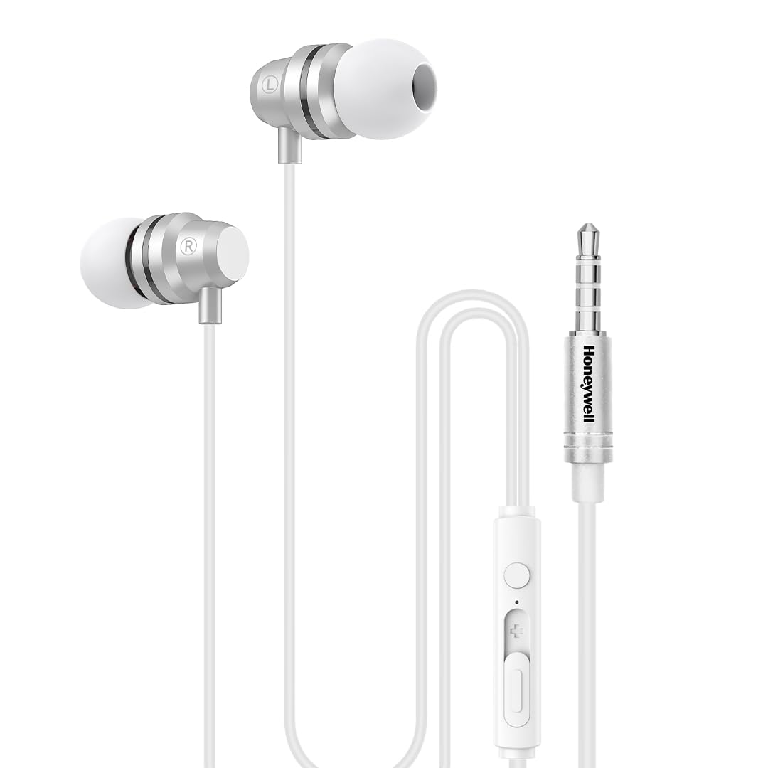 Honeywell Moxie V50 Wired Earphones with Built in Mic, 10mm*2 Drivers, Passive Noise Cancellation, Deep Bass & Clear Sound, Ultra HD Mic Quality, 3.5mm AUX, Voice Assistant Enabled, 1.2 Mtr