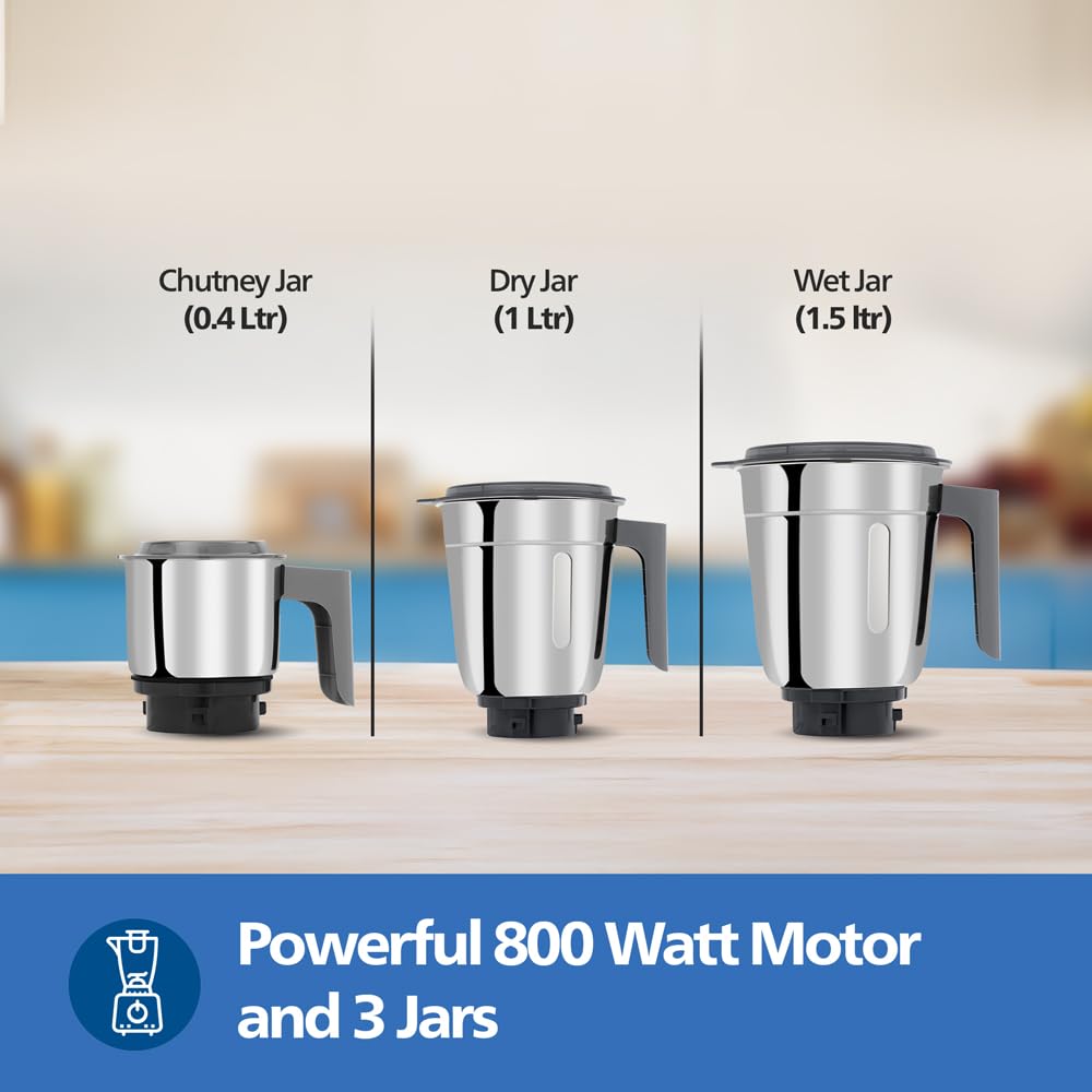 Philips HL7770/00 Mixer Grinder, 800 Watt Powerful motor, 3 Jars, MicroGrind technology : Grind even 1 pepper; Choose Coarse, Fine, or Superfine for perfect textures every time