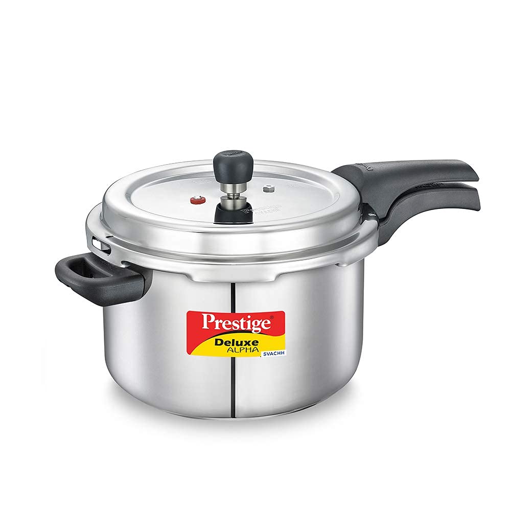Prestige 3L Svachh Deluxe Alpha stainless steel Pressure Cooker|Outer lid|3-4 personsl|Deep lid for spillage control|Gas & induction compatible|Controlled GasketRelease System|Silver|10 years warranty