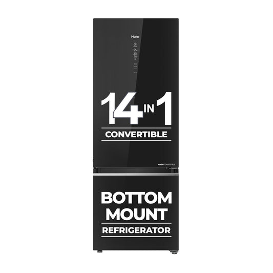 Haier 445 L 2 Star Frost Free Bottom Mount Double Door Refrigerator|Convertible 14-in-1|Jhukna Mat-Bottom Freezer|Digital Display Panel|Triple Inverter|Twist Ice Maker (HRB-4952CKG-P, Black Glass)