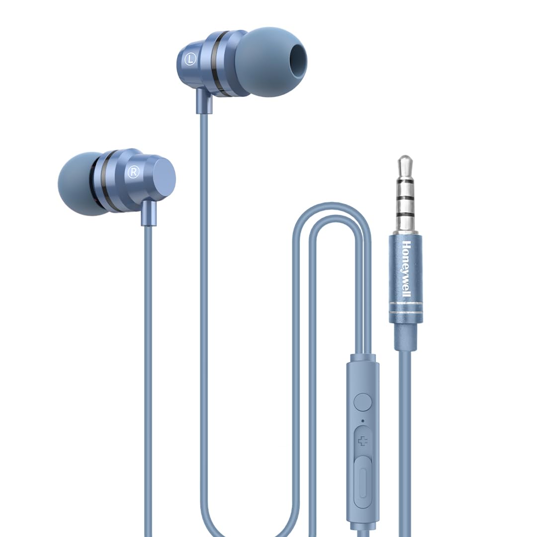 Honeywell Moxie V50 Wired Earphones with Built in Mic, 10mm*2 Drivers, Passive Noise Cancellation, Deep Bass & Clear Sound, Ultra HD Mic Quality, 3.5mm AUX, Voice Assistant Enabled, 1.2 Mtr
