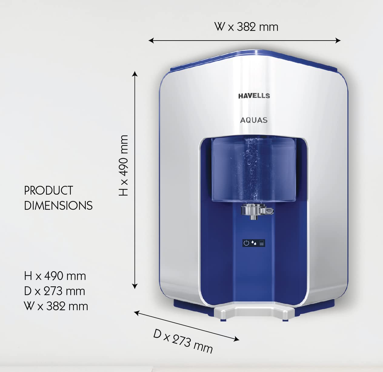 Havells AQUAS Water Purifier (White and Blue), RO+UF, Copper+Zinc+Minerals, 5 stage Purification, 7L Tank, Suitable for Borewell, Tanker & Municipal Water