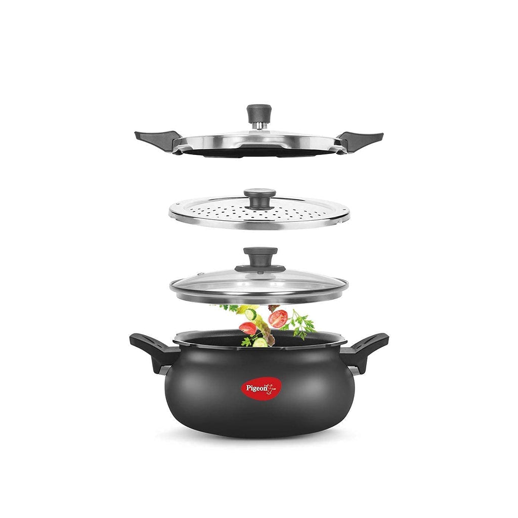 Pigeon by Stovekraft All in One Ceramic Super Outer Lid Cooker, 5 Liters, Black/Transparent - Aluminium & Stainless Steel