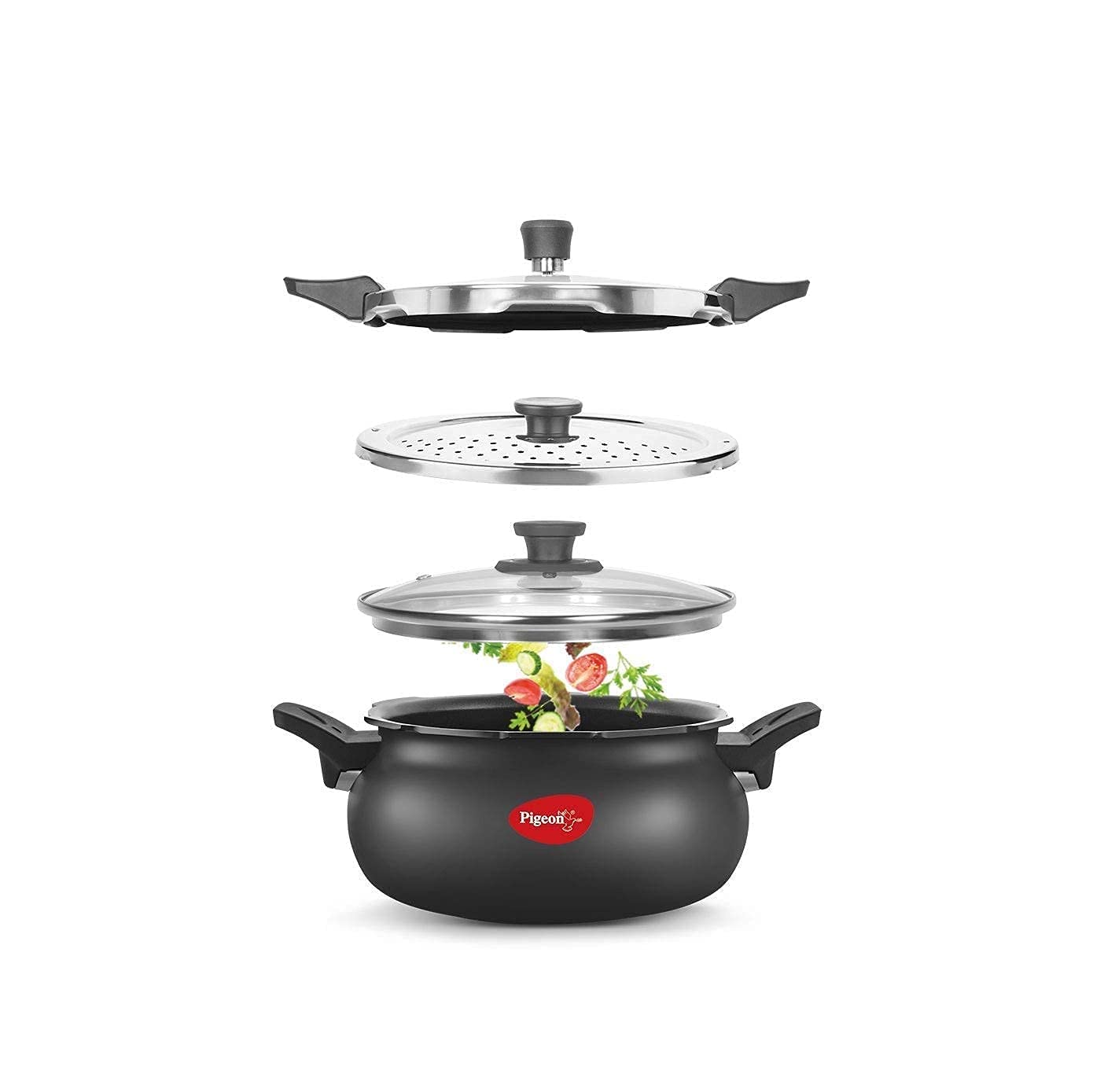 Pigeon by Stovekraft All in One Ceramic Super Outer Lid Cooker, 5 Liters, Black/Transparent - Aluminium & Stainless Steel