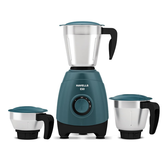 Havells ESO 750 Watt Mixer Grinder | 3 Stainless Steel Jars with Handles | 304 Rust-Resistant SS Blades | 21000 RPM High-Speed Motor | 5-Year Motor Warranty | Heavy-Duty Mixie (Teal)