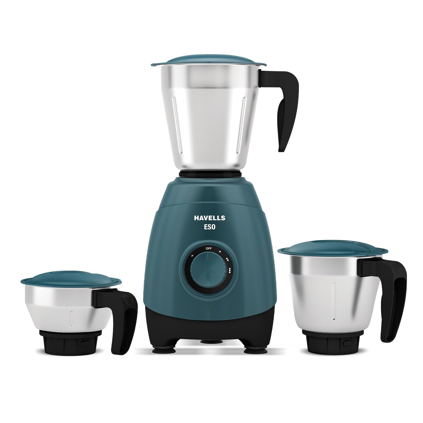 Havells ESO 750 Watt Mixer Grinder | 3 Stainless Steel Jars with Handles | 304 Rust-Resistant SS Blades | 21000 RPM High-Speed Motor | 5-Year Motor Warranty | Heavy-Duty Mixie (Teal)