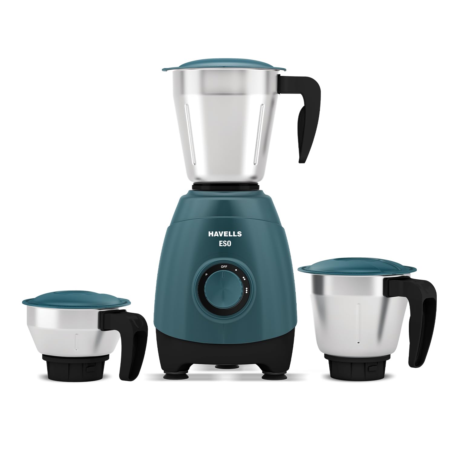 Havells ESO 750 Watt Mixer Grinder | 3 Stainless Steel Jars with Handles | 304 Rust-Resistant SS Blades | 21000 RPM High-Speed Motor | 5-Year Motor Warranty | Heavy-Duty Mixie (Teal)