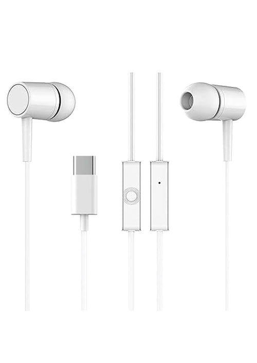 Branded Type C Headphones with Mic, in-Ear Design, 12mm Driver for Deep Bass and Clear Sound, C Type Earphones Wired, Compatible with iPhone, Android Smartphones, Tablets, and USB C Devices (White)