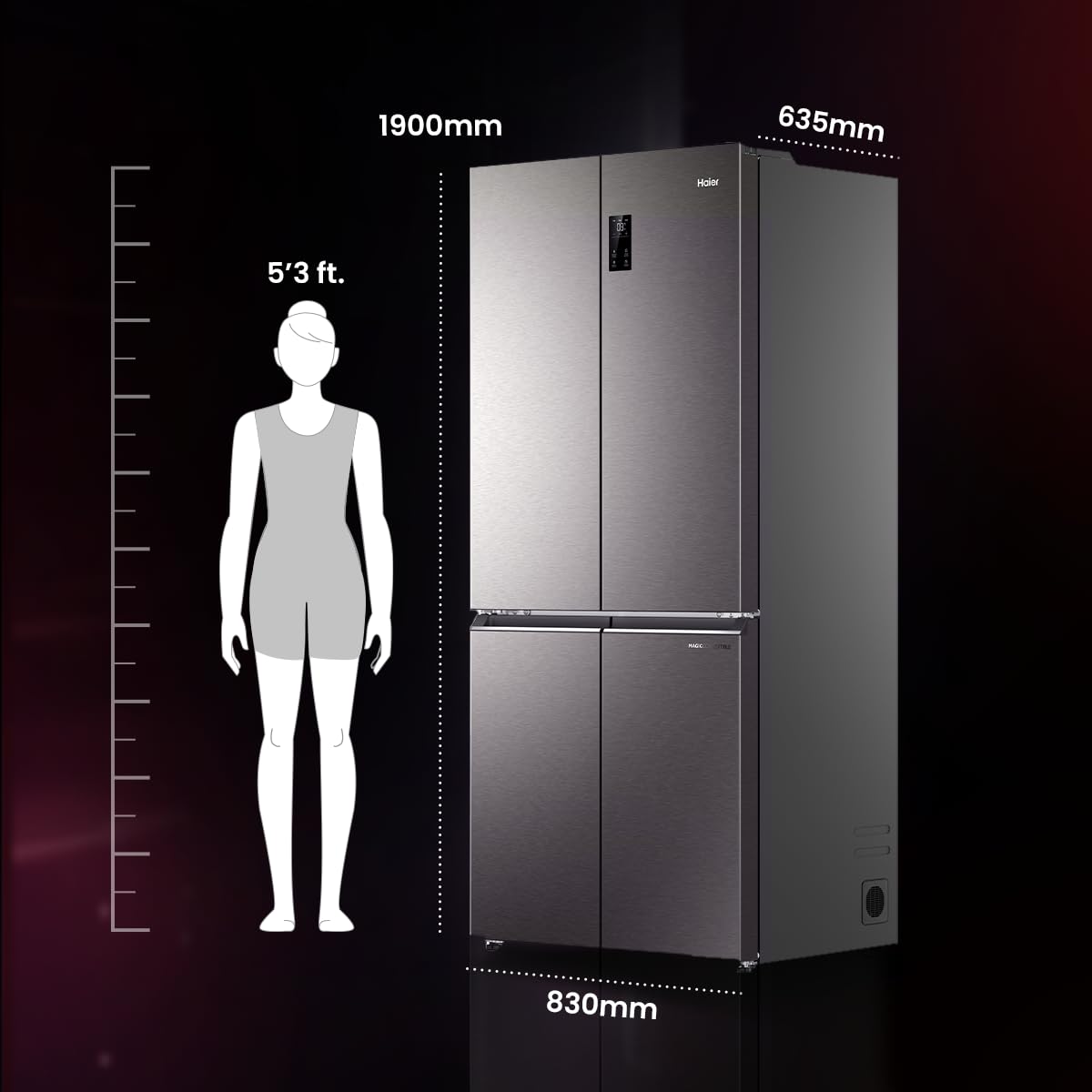 Haier 520L 3 Star Lumiere 4-Door Side by Side Frost Free Refrigerator | Convertible Magic Zone | Inverter | Digital Display Panel | Deo Fresh Technology (2025 Model, HRB-600IS, Inox Steel)