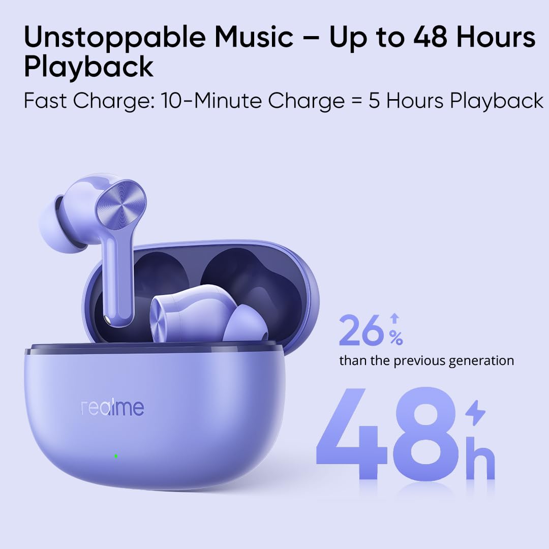 realme Buds T200 Lite Bluetooth in Ear Earbuds,4 Mic, AI ENC for Calls,48 Hours Total Playback with Fast Charging and Ultra Low Latency Gaming TWS,Google Fast Pair,with mic (Aurora Purple)