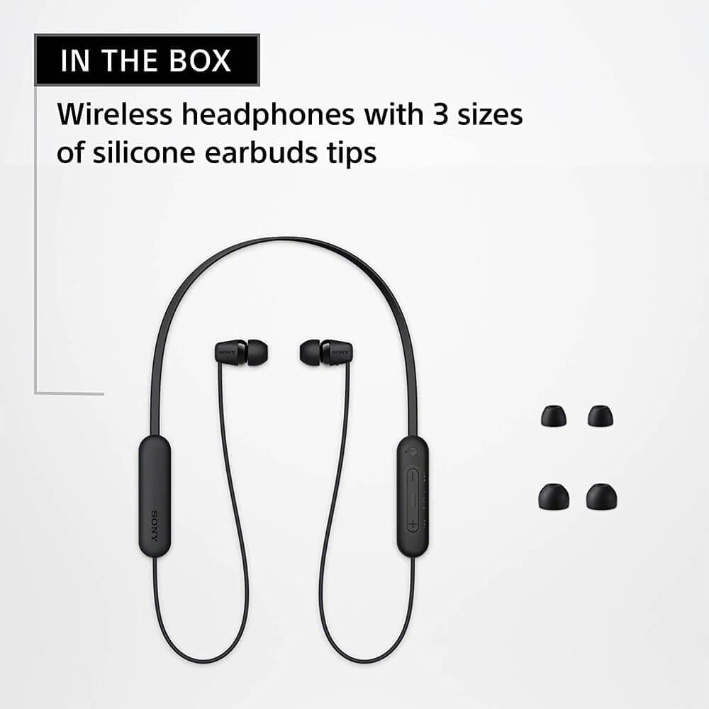 Sony WI-C100 Wireless Headphones with Customizable Equalizer for Deep Bass & 25 Hrs Battery, DSEE-Upscale, Splash Proof, 360RA, Fast Pair, in Ear Bluetooth Headset with Mic for Phone Calls (Black)