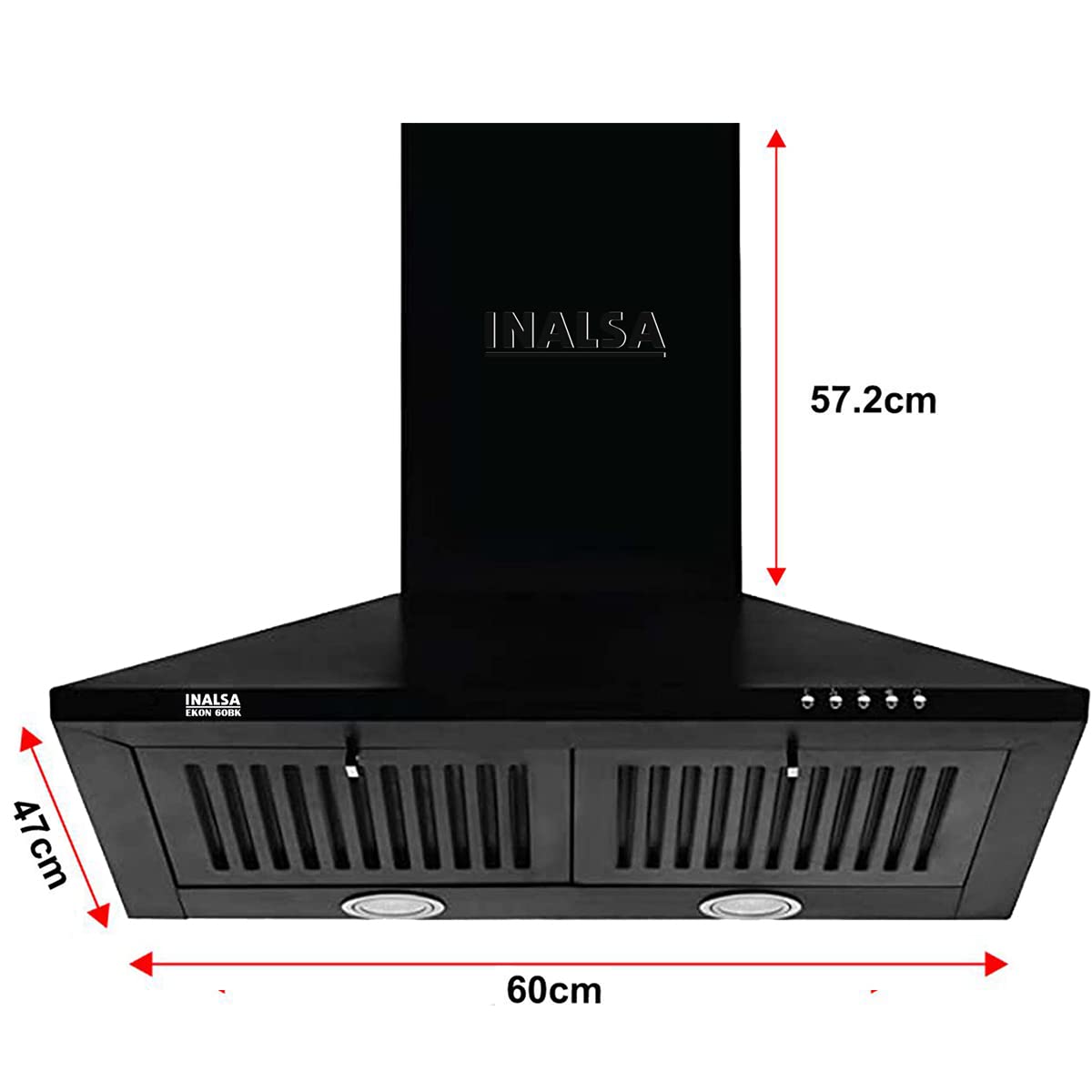INALSA EKON 60cm 1100 m³/hr Pyramid Kitchen Chimney With Elegant Look|Push Button Control|Efficient Dual LED Lamps & Filterless|5 Year Warranty on Motor ( EKON 60BKFL, Black)