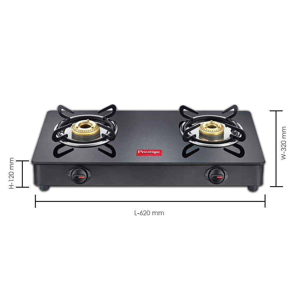 Prestige IRIS Toughened Glass-Top 2 Brass Burner LPG Gas Stove | Black | Spill Proof | Ergonomic Knobs | Tri-Pin Brass Burners |Open