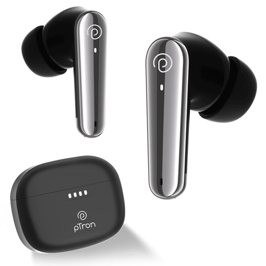 pTron Newly Launched Bassbuds Prism TWS Earbuds with 3D AudioScape, 45Hrs Playtime, TruTalk AI-ENC Calls, 50ms Low Latency Sync, BT5.3, Type-C Fast Charging, Voice Asst. & IPX5 Water Resistant (Black)