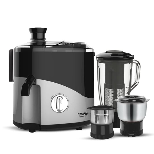 Maharaja Whiteline Odacio Plus Juicer Mixer Grinder,550W,3 Jars (2 Stainless Steel Jar + Blending Jar with Fruit Filter),Silver & Black,Food Grade Safe, High Grade Mesh, Fluidic design, 2Year Warranty